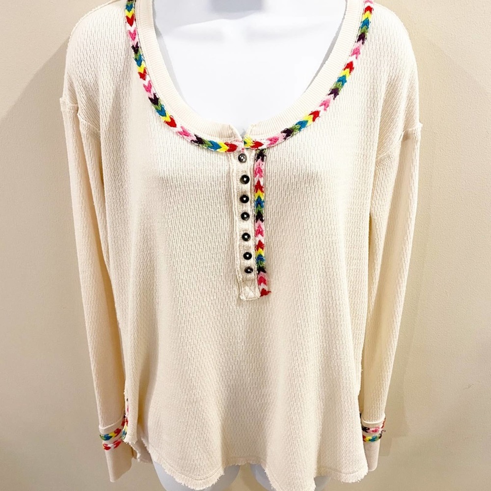 Free People Rainbow Thermal Henley Top Ivory M
